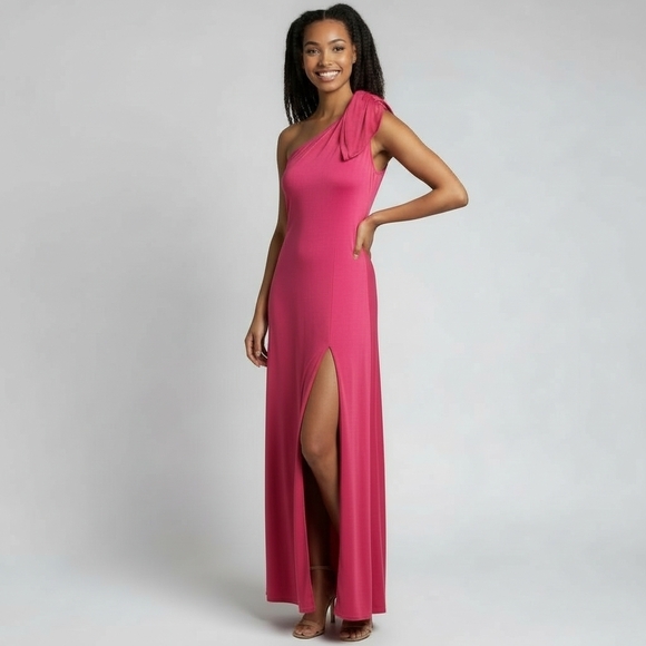 Halston Heritage Grecian One-Shoulder Leg Slit Fuchsia Pink Evening Gown  Dress M